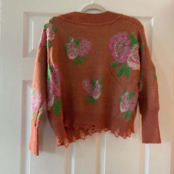 Anthropologie Drop Shoulder V-Neck Pink Rose Floral Oversized Sweater - Picture 8 of 8